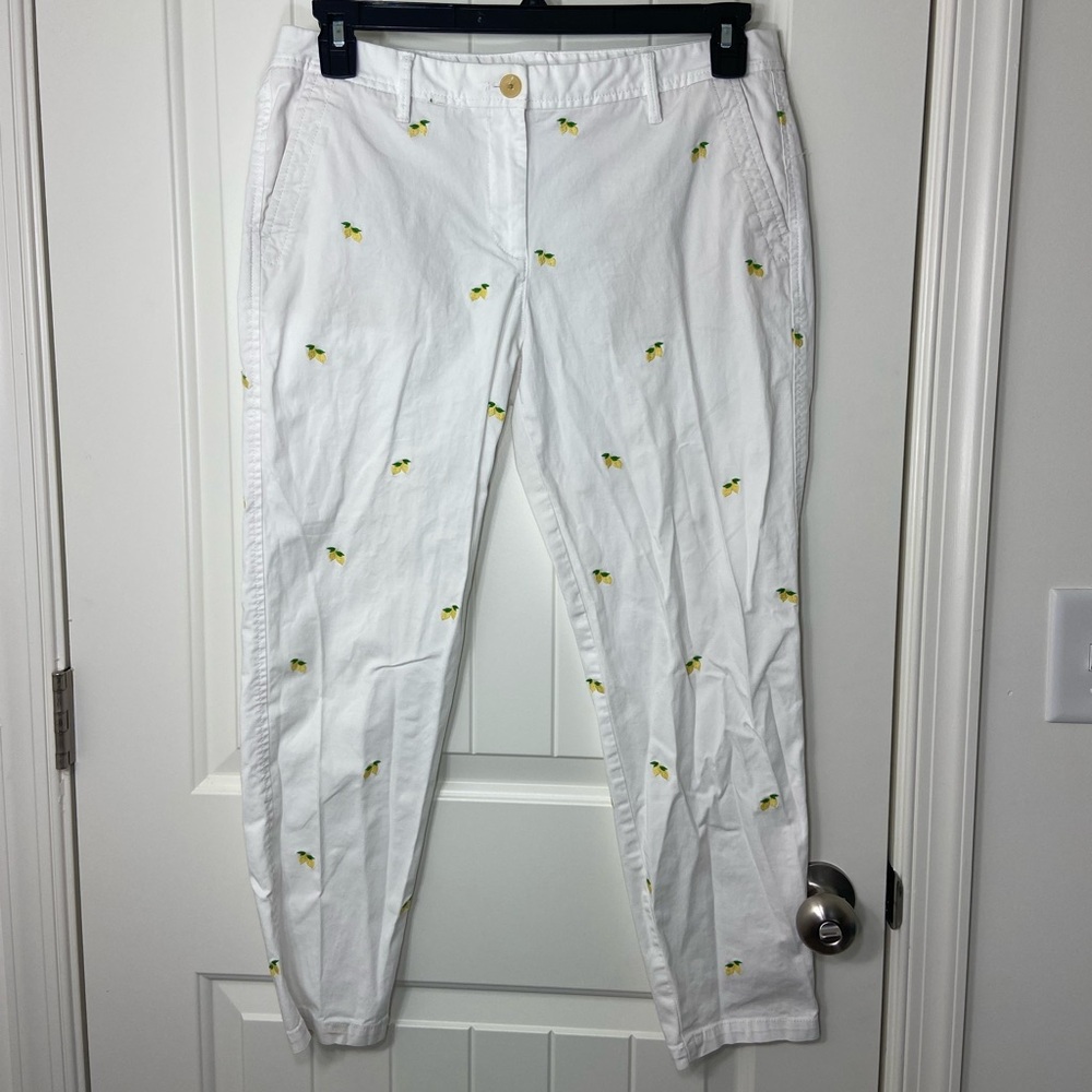 White Embroidered Lemon Chino Pants - Women's Casual